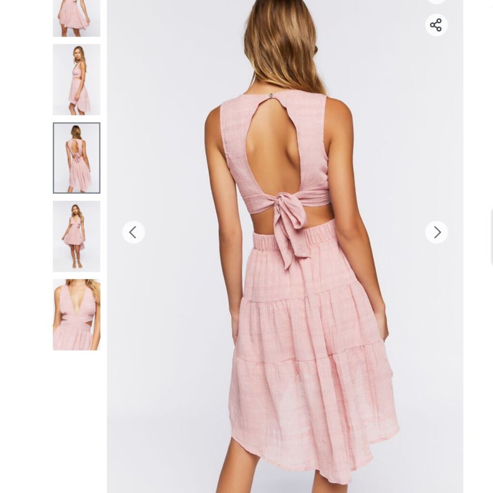 Cutout High-Low Midi Dress - Pink Linen Open Back Deep V Mini Dress - Picture 4 of 6